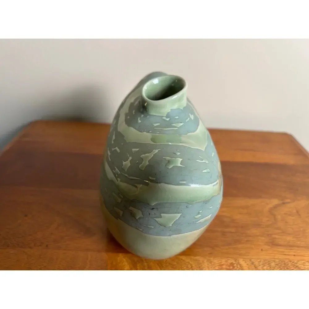 Vintage Kenshoma Studio Pottery Vase, Green Oval Ceramic Vase